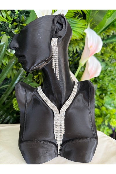 B & S Zirkon Taşlı Sallantılı Abiye Kolye Küpe Set