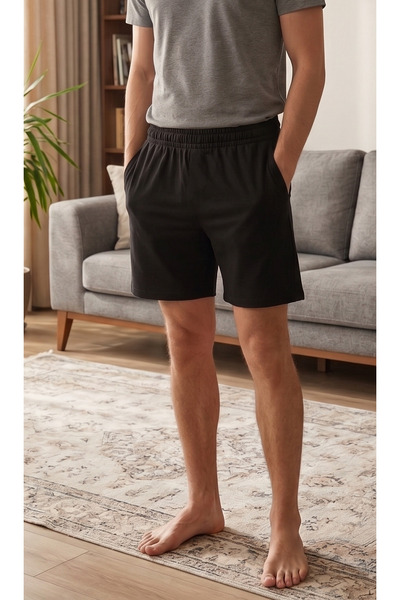 THERMOFORM Men's Lounge Wear - Lycra Cotton Ribbed Knitted Shorts Black