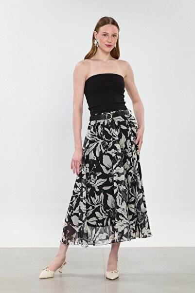 BARRELS AND OIL Women's Belted Floral Patterned Long Chiffon Skirt - Black