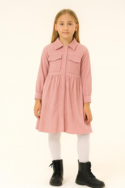 aykidsclup Girl's Long Sleeve Buttoned Dress 1549- Salmon