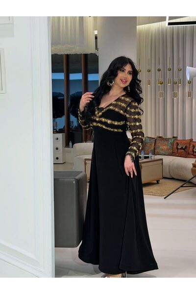 NALA FASHION فستان سهرة أسود فاخر بتطريز ذهبي راقٍ ملكي
