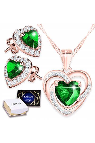 Larezo Set Bijuterii Placat Cu Aur Roz 18K, Colier Si Cercei Cu Motiv Inimioa...