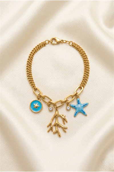 Pelin Aksesuar Gold Color Blue Enamel Starfish and Coral Figured Steel Bracelet