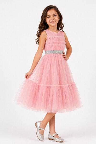 AHENGİM Girl's Princess Tulle Detailed Stone Belted Special Occasion Evening Dress Ak2615