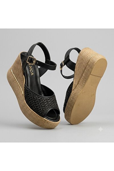 KİNDEP (Bianca) Dogu Light Sole Straw Daily Women's Sandals Black