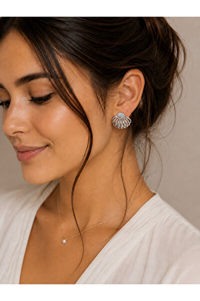 Belasso Steel Silver Color Zircon Stone Sea Shell Model Women's Earrings