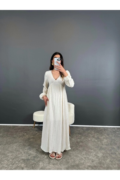manana fashion Μακρυμάνικο φόρεμα με λαιμόκοψη V από λινό ύφασμα Gofre με ζώνη