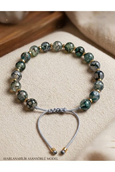VİONEA Green Veined Agate Natural Stone Macrame Knitted Bracelet - Hematite D...