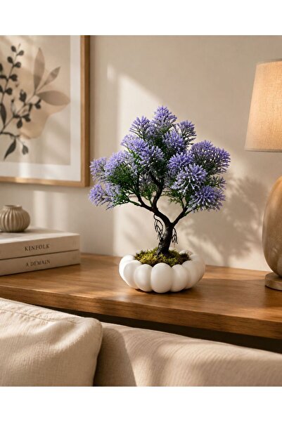 Lineva Beyaz Bubble Saksıda Yapay Mor Kasımpatı Bonsai – Dekoratif Yapay Çiçek