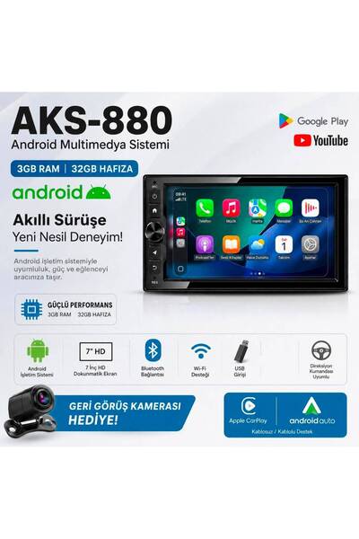 Mehter Aks-880 3gb Ram 32Gb Hafıza Android Multimedya Car Playli Double Teyp Tuşlu Model 7inç Youtube Kamera