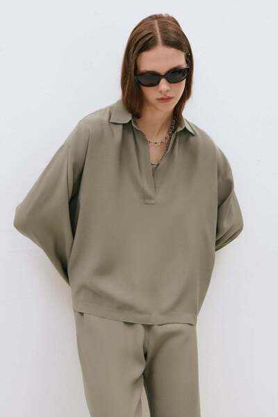 Suud Collection Haki Alessa Polo Yaka Tensel Bluz