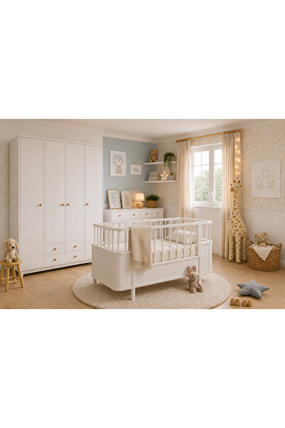 Koza %100 MDF Bonnie Beyaz 4 Kapılı Bebek & Çocuk Gardırop & 8 Çekmeceli Şifonyer & 80x130 cm Büyüyen Beşik ( Sabit )