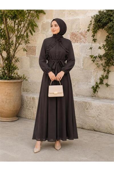 Neşeli Butik Γυναικείο καφέ φόρεμα με βολάν και ζώνη, ολόσωμο, από τούλι μοντ...