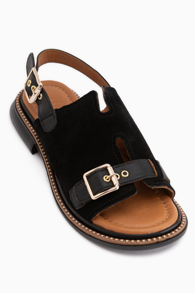Limoya Cilia Genuine Leather Black Suede Women's Sandals with Buckle Detail