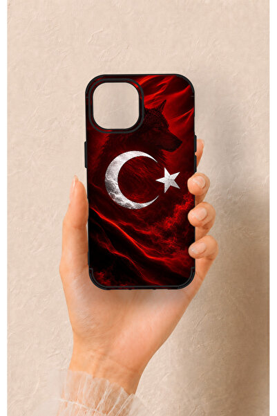Vip Case iPhone 15 Uyumlu Kurt Türk Bayrağı Desenli Silikon Kılıf