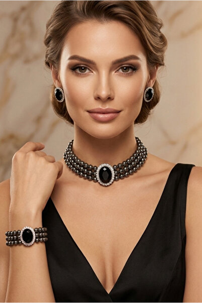 Happyline Oval Siyah Taşlı Füme Boncuklu Choker Set Takım, Füme Boncuk Kolye ...