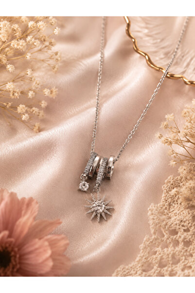 Sylvera Shop Steel Necklace with Sun & Zircon Charms (Silver Color)