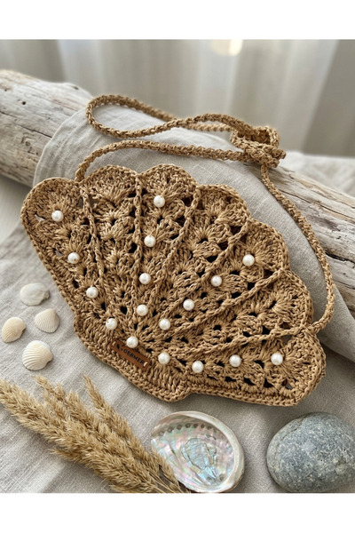 Ahşap Evi Pearlized Mussel Design Straw Bag - Handmade Summer Shoulder Bag
