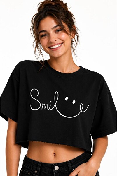 Lizbon Style Γυναικείο Crop T-shirt με στάμπα Smile, Oversize, Άνετη Γραμμή, ...