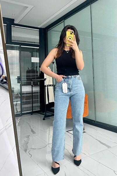Büşra Ayhan Sim Detailed Jean Trousers – High Waist Denim-Ice Blue - 38