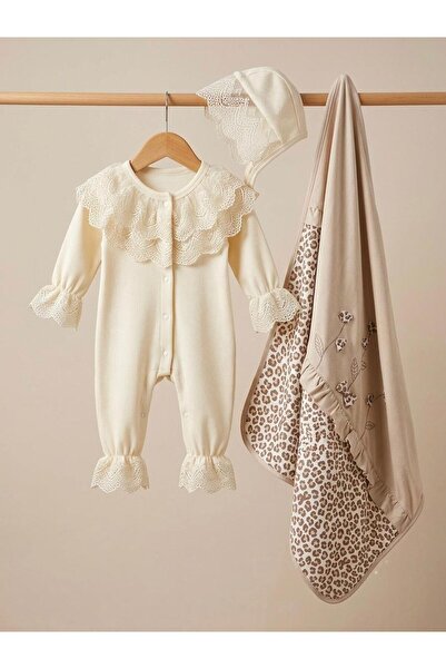 Miniday Baby Kız Bebek Dantelli Şapkalı Tulum Battaniye Set 80x85 Çift Kat Me...