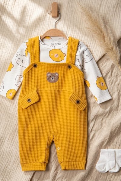 Generic Brand Teddy Sage Baby Boy Gofre Salopet and Teddy Bear Bodysuit 2-Piece Set with Socks as a Gift - Cotton Yellow Bahçı