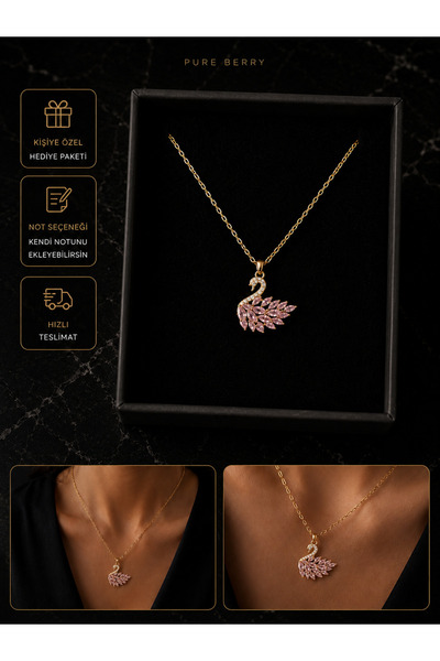 PURE BERRY ALTIN RENK TAŞLI KUĞU ÇELİK KOLYE