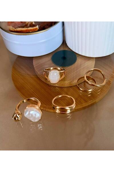 ANKA JEWELLRY GOLD İNCİ GÖRÜNÜMLÜ TAŞ DETAYLI ÇELİK KADIN YÜZÜK SETİ