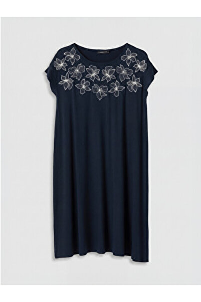 LC Waikiki New Season Navy Blue Crew Neck Patterned A-Line Dress