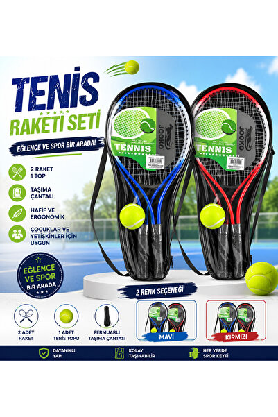 DoruCO Çantalı Tenis Raketi Seti – 2 Raket + 1 Tenis Topu | Mavi ve Kırmızı R...