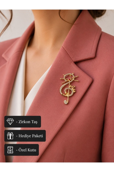 HER ŞEY NOTA www.herseynota.com Gold Renk Kristal Taşlı Kedi ve Müzik Notası ...