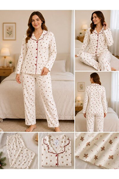 Kadın %100 Pamuk Önden Düğmeli Kurabiye Adam Desenli Pijama Takımı