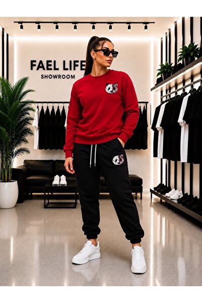 FAEL LİFE Unisex Wide Cut Zero Neck and Sweatpants Colorful Panda Printed Set