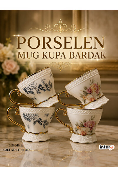 İnterlife Porcelain Mug Cup with Gold Detail and Floral Pattern for Coffee an...