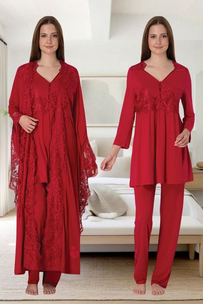 Effortt Venera Lace Detailed Maternity Pajama Set 3-Piece Maternity Pajama Set