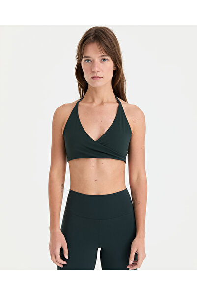 Ayma Active Petrol Green Halter Wrap Motion Bra with Chest Pads Fitness Bra