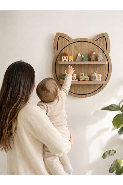 Rast Tasarım Kedi Figürlü Ahşap Çocuk Odası Duvar Rafı – Montessori Dekoratif...
