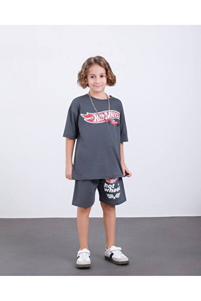 kr kids Car Printed Boys' Shorts Set – Summer Two-Piece Set Anthracite