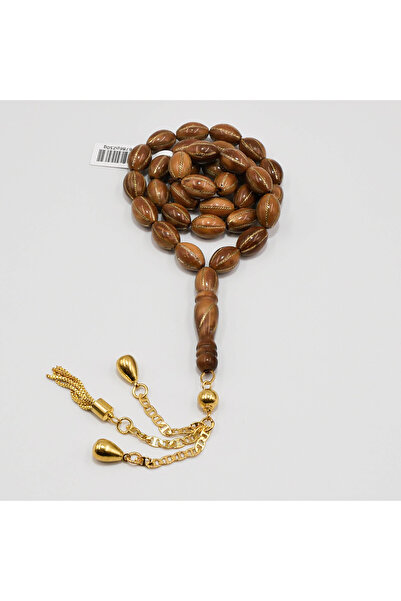 genernic Rhodium-Plated Olive Pit Rosary 33 Beads 14mm Brown with Gold Inlay ...