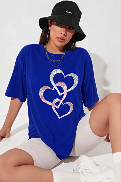 uyguntarz Unisex İç İçe Geçmiş Kalpler Baskılı Tasarım Tshirt