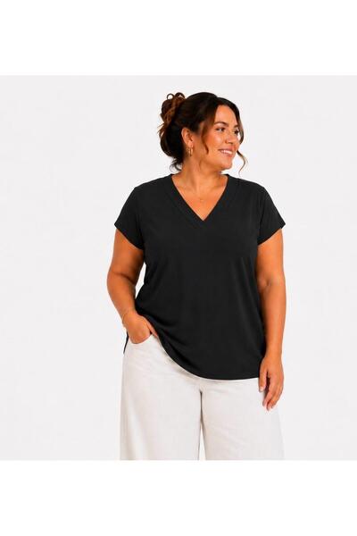 Gülmina Moda بلوزة واسعة الحجم بياقة على شكل حرف V وقصة مريحة وأكمام قصيرة