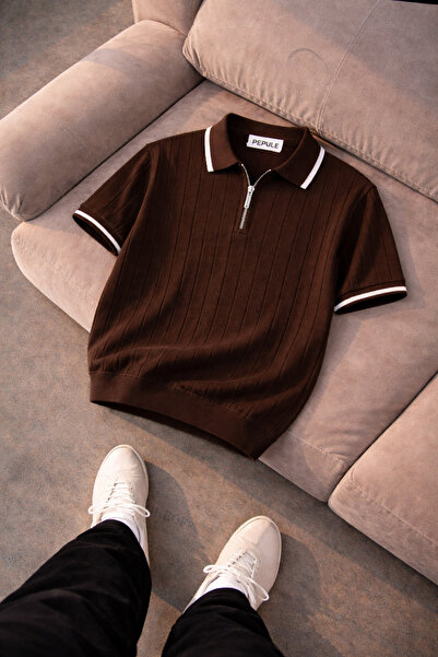 pepule Men's Polo Collar Knitwear Textured Colorful Half Zipper Regular Cotto...