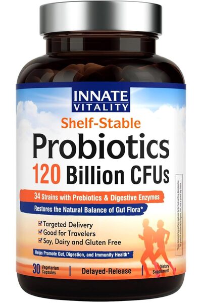Innate Vitality بروبيوتيك 3 في 1، 120 مليار وحدة كائنية حية، 34 سلالة، بريبيو...