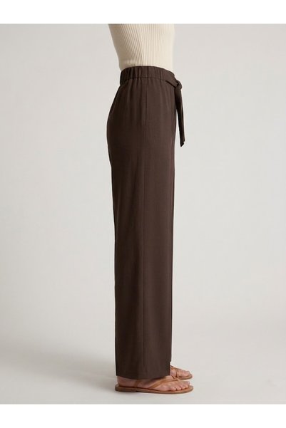 Milera Women's Coffee Color High Waist Tie Belted Wide Leg Fabric Trousers