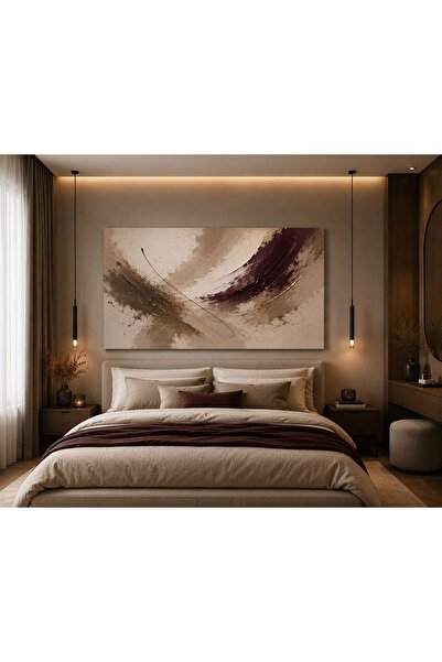 walliva Modern Soyut Bordo Kavisler Kanvas Tablo – Bej Kahve Gold Dokulu Çerç...
