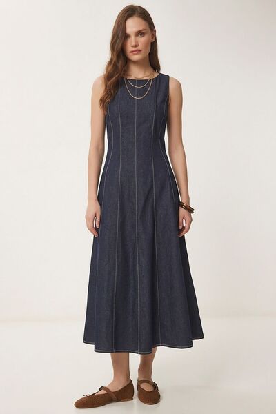 Hiccup Rochie midi din denim cu model A și guler rotund ISTANBUL