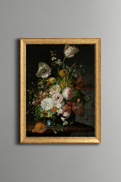 epiqart Tulips and Peonies in Glass Vase - Vintage Patterned Frame - Slim Model
