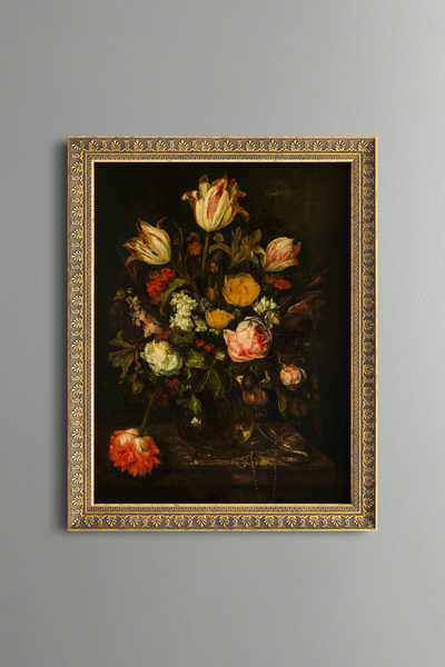 epiqart Tulips and Roses in Glass Vase - Vintage Patterned Frame - Slim Model