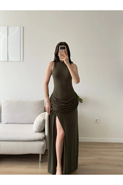 Zoom Butik Halter Yaka Bel Drape Yırtmaçlı Elbise - HAKİ