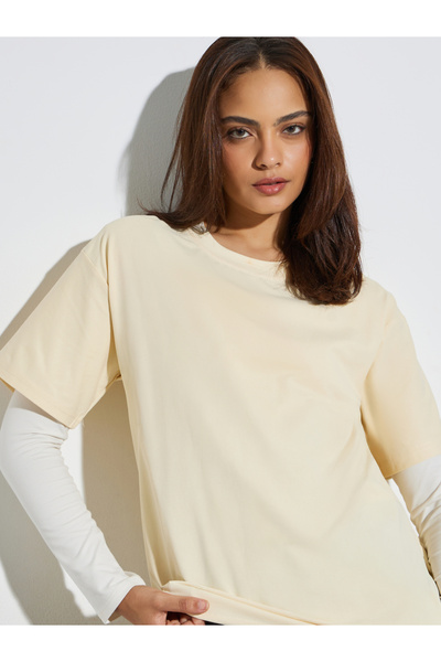 Styli Beige Round Neck Oversized T-Shirt